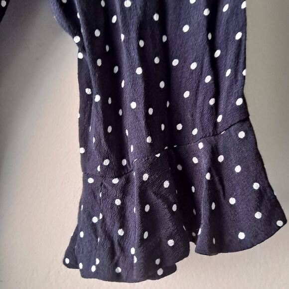 Loft Navy Blue Polka Dotted Short Bell Sleeve Ruffle Wrap Romper Dress - Size 2 - Picture 5 of 13